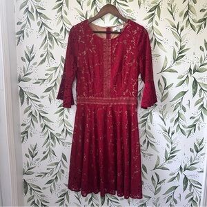 Miss May Lace Bell Sleeve Dress. Red. Large.